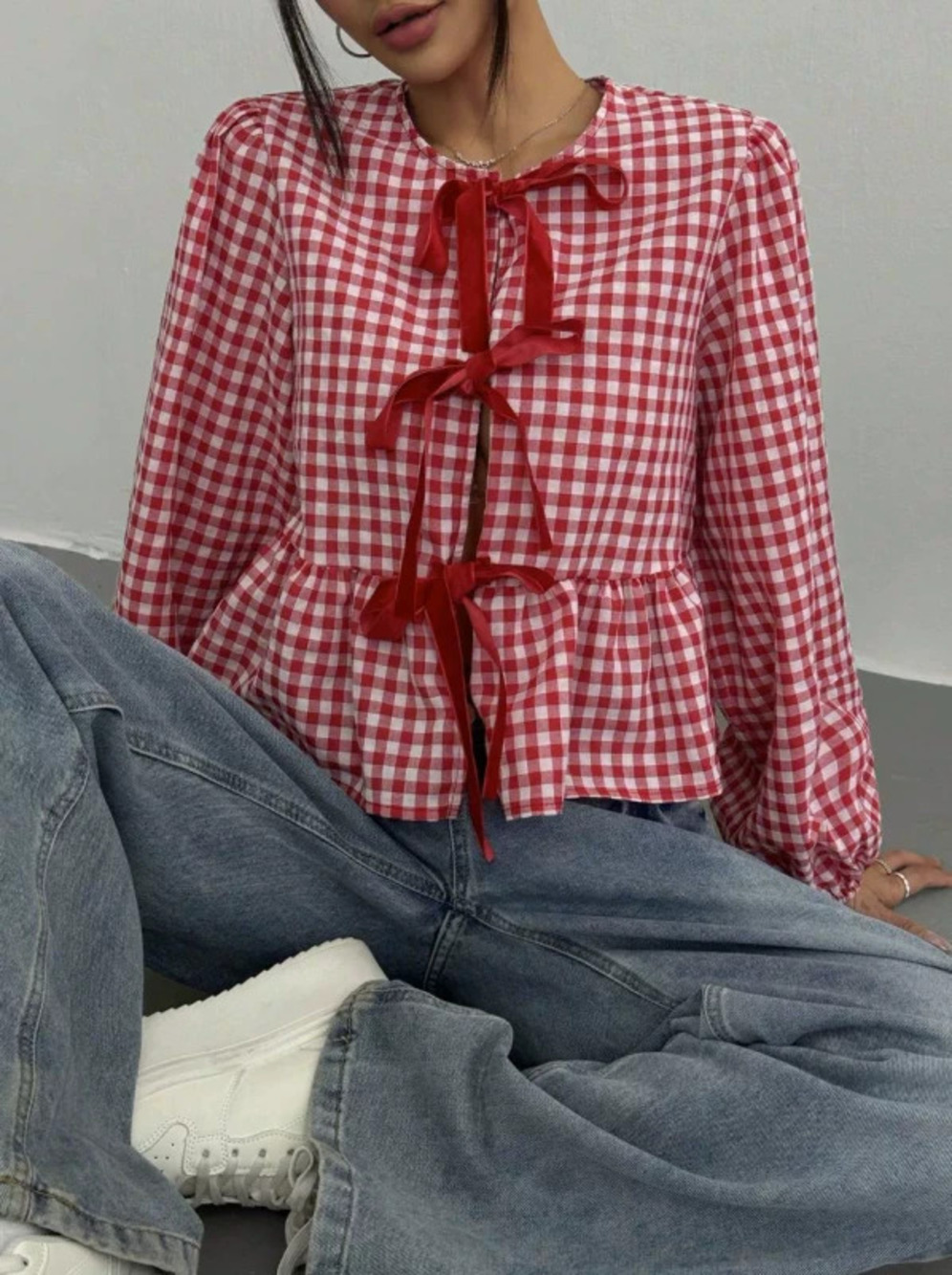 ZARA Plaid Print Bow Tie Sweet Blouse
